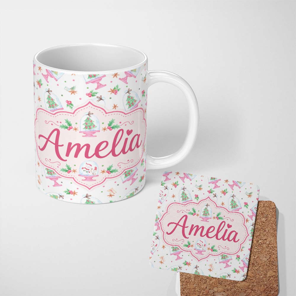 Personalized Custom Name Watercolor Christmas Snow Globe Tree Holly Seamless Pattern Lovely 11oz Ceramic Coffee Tea Mug White Large Handle