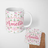 Personalized Custom Name Watercolor Christmas Snow Globe Tree Holly Seamless Pattern Lovely 11oz Ceramic Coffee Tea Mug White Large Handle