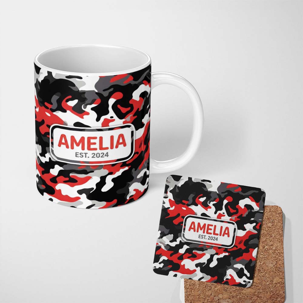 Personalized Custom Name Red Black White Camouflage Bold Graphic Seamless Pattern Lovely 11oz Ceramic Coffee Tea Mug White Large Handle