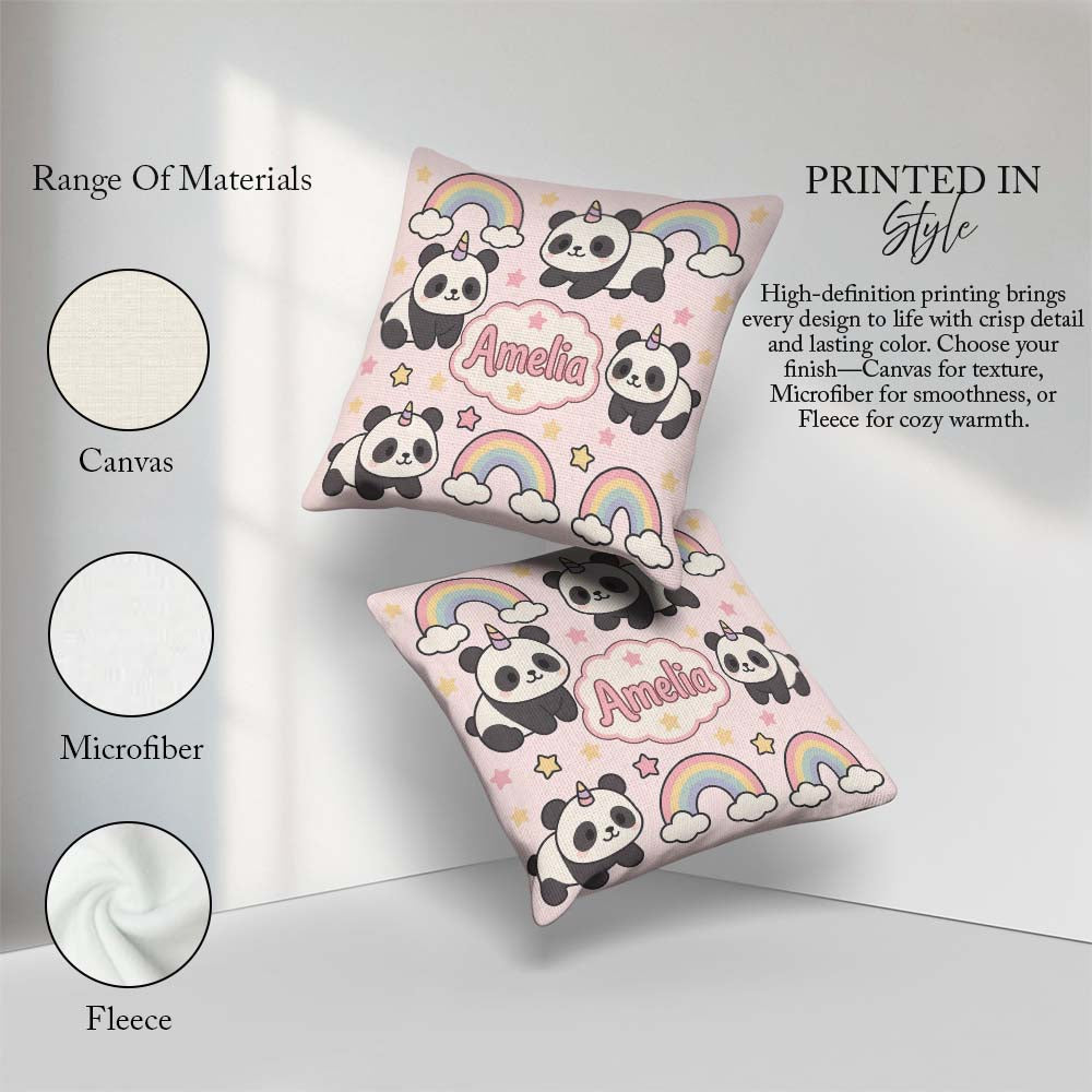 Custom Name Cute Panda Unicorn Cartoon Animal Pattern Coffee Cup Square Filled Cushion Throw Pillow Sofa Bed Home Decor Zip Washable UK Made