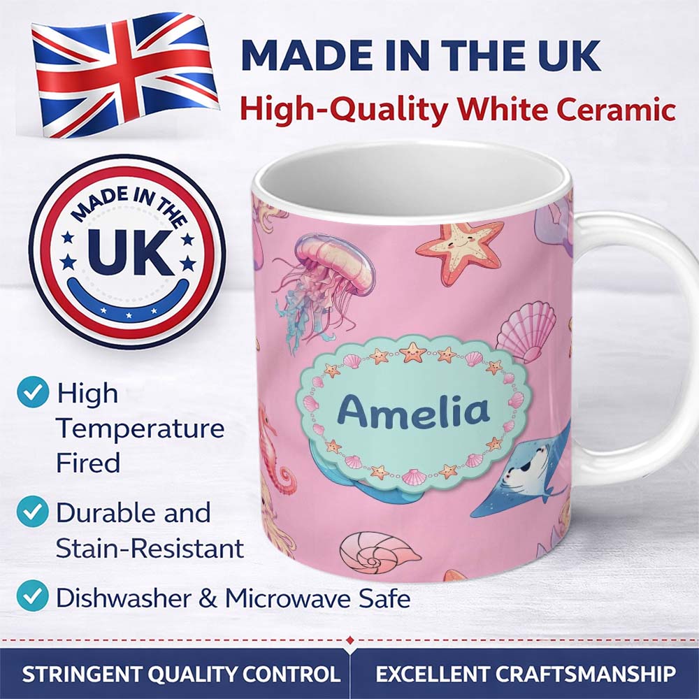 Personalized Custom Name Cute Blue Mermaid Jellyfish Seahorse and Ocean Creatures Soft Pink 11oz Ceramic Coffee Tea Mug White Large Handle