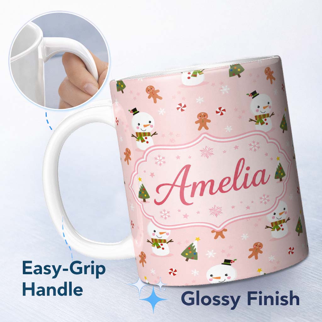 Personalized Custom Name Cute Snowman Gingerbread Candy Christmas Tree Seamless Pattern 11oz Ceramic Coffee Tea Mug White Large Handle