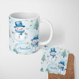 Personalized Custom Name Cute Snowman Winter Snowflake Blue Holiday Seamless Pattern Lovely 11oz Ceramic Coffee Tea Mug White Large Handle