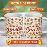 Personalized Custom Name Cute Gingerbread Cookies Stars Hearts Snowflakes Seamless Pattern 11oz Ceramic Coffee Tea Mug White Large Handle