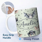 Personalized Custom Name Cute Watercolor Bats and Stars Seamless Pattern Soft Green Lovely 11oz Ceramic Coffee Tea Mug White Large Handle