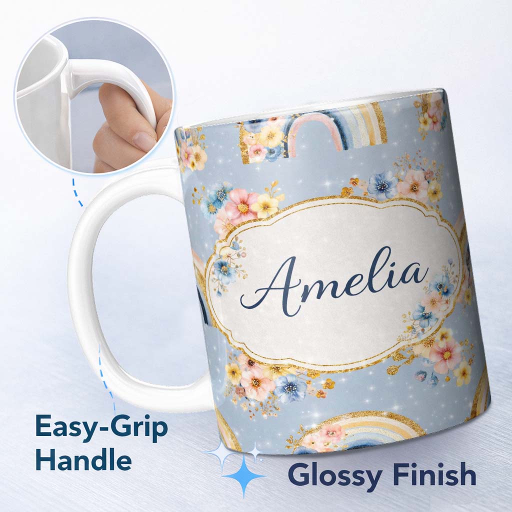 Personalized Custom Name Floral Rainbow Gold Glitter Boho Seamless Pattern Cute Unique Gift 11oz Ceramic Coffee Tea Mug White Large Handle