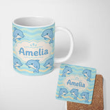 Personalized Custom Name Cute Dolphin Waves Cartoon Animal Pattern Cute Unique Gift Lovely 11oz Ceramic Coffee Tea Mug White Large Handle