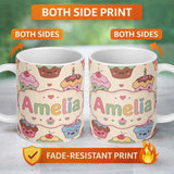 Personalized Custom Name Cute Birthday Cupcakes Sweet Treat Candles Seamless Pattern Lovely 11oz Ceramic Coffee Tea Mug White Large Handle