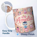 Personalized Custom Name Cute Kawaii Graduate Boy Science Art Supplies Seamless Pattern Peach 11oz Ceramic Coffee Tea Mug White Large Handle