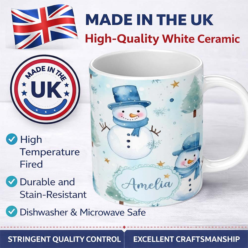 Personalized Custom Name Cute Snowman Winter Snowflake Blue Holiday Seamless Pattern Lovely 11oz Ceramic Coffee Tea Mug White Large Handle