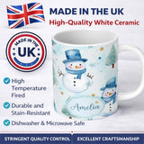 Personalized Custom Name Cute Snowman Winter Snowflake Blue Holiday Seamless Pattern Lovely 11oz Ceramic Coffee Tea Mug White Large Handle