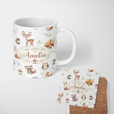 Personalized Custom Name Woodland Deer Bear Fox Owl Raccoon Leaves Mushrooms Light Grey 11oz Ceramic Coffee Tea Mug White Large Handle