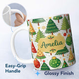 Personalized Custom Name Whimsical Christmas Trees with Baubles Ornaments and Snowflakes 11oz Ceramic Coffee Tea Mug White Large Handle