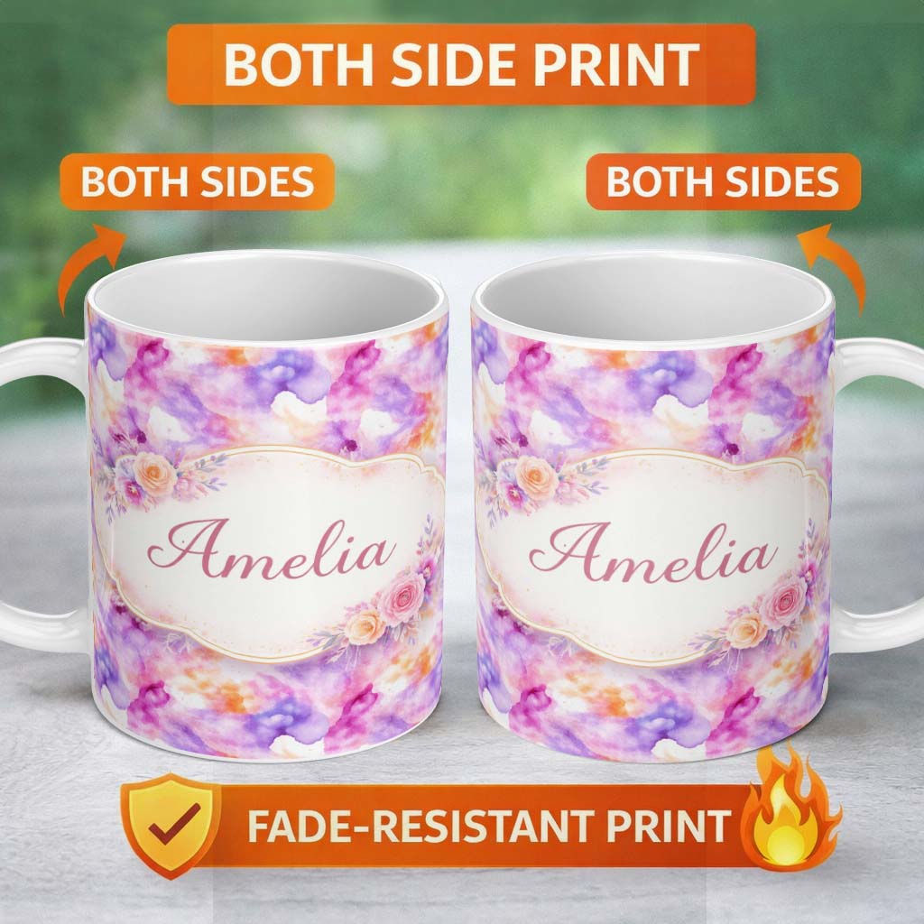 Personalized Custom Name Soft Watercolour Splash Lavender Peach Abstract Pattern Lovely 11oz Ceramic Coffee Tea Mug White Large Handle