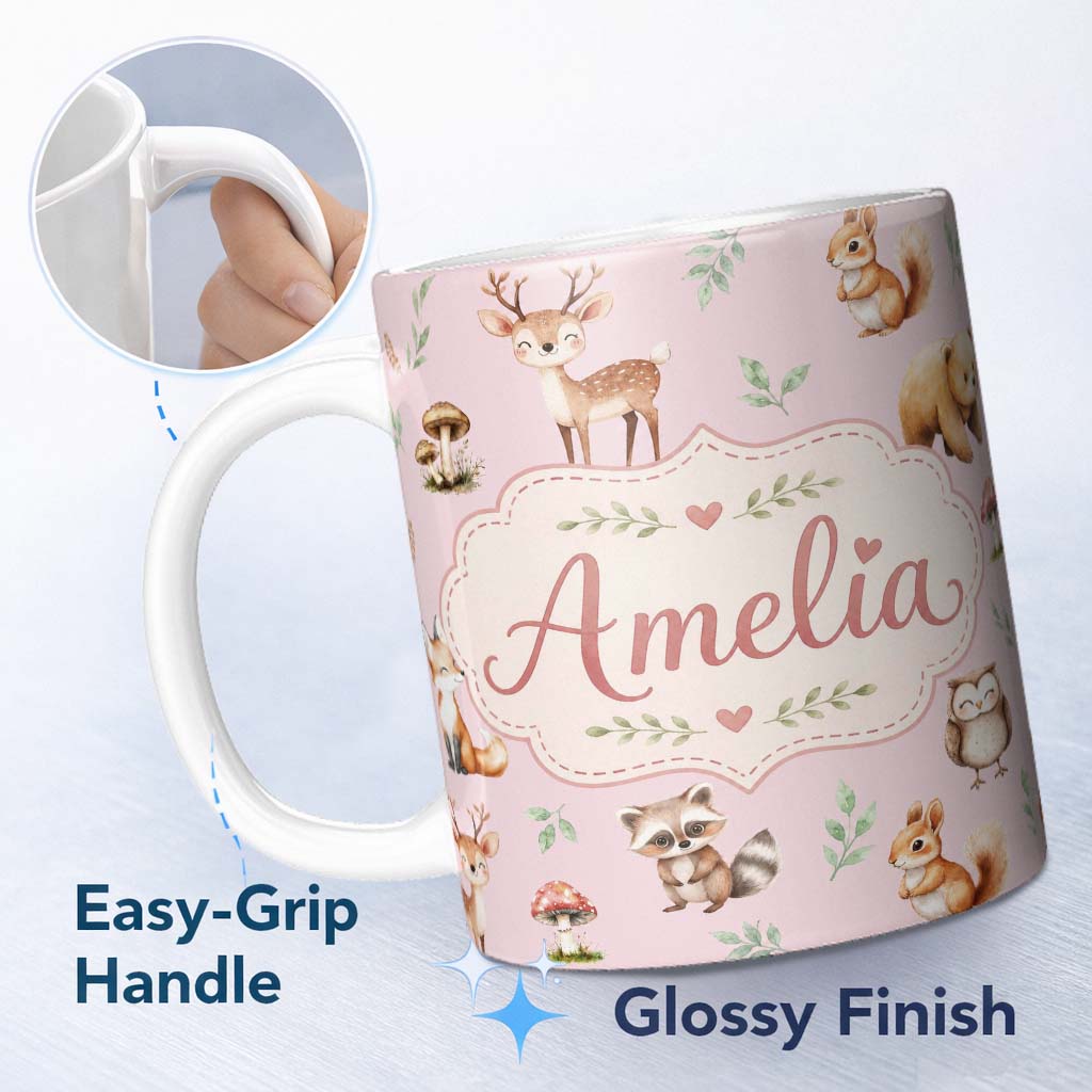 Personalized Custom Name Woodland Deer Bear Fox Owl Raccoon Leaves Mushrooms Soft Pink 11oz Ceramic Coffee Tea Mug White Large Handle
