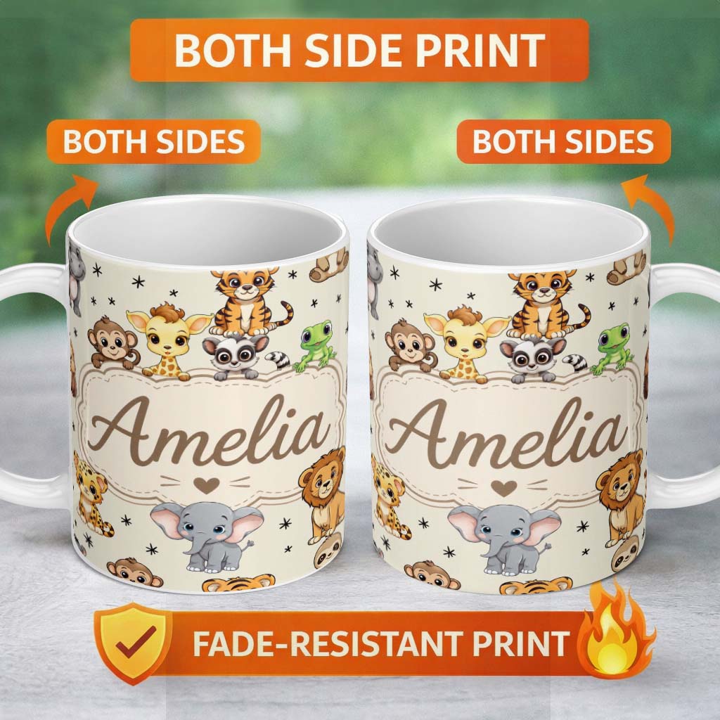 Personalized Custom Name Cute Jungle Baby Animals Lion Tiger Elephant Giraffe Pattern Cream 11oz Ceramic Coffee Tea Mug White Large Handle