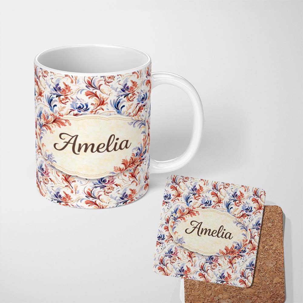 Personalized Custom Name Soft Red Blue Floral Seamless Pattern Vintage Botanical Ornamental 11oz Ceramic Coffee Tea Mug White Large Handle