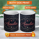 Personalized Custom Name Pink White Firework Sparkle Seamless Pattern Night Sky Celebration 11oz Ceramic Coffee Tea Mug White Large Handle