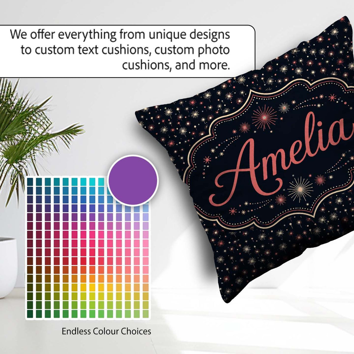Custom Name Pink White Firework Sparkle Seamless Sky Celebration Square Filled Cushion Throw Pillow Sofa Bed Home Decor Zip Washable UK Made