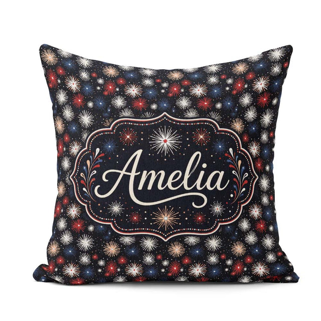 Custom Name Classic Red White Blue Fireworks Seamless Patriotic Square Filled Cushion Throw Pillow Sofa Bed Home Decor Zip Washable UK Made