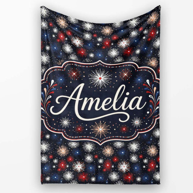 Classic Red White Blue Fireworks Seamless Pattern Patriotic  Personalised Custom Name Super Soft Fleece Blanket Bed Sofa Throw