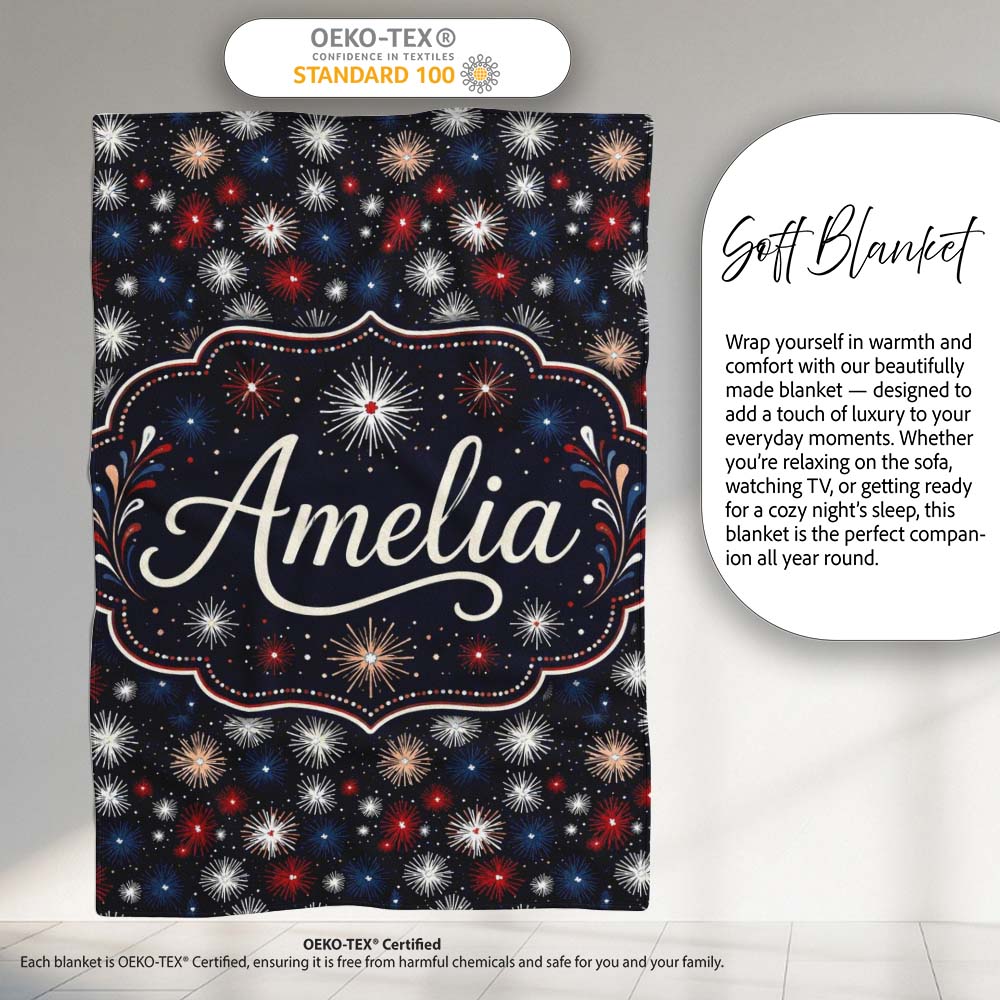 Classic Red White Blue Fireworks Seamless Pattern Patriotic  Personalised Custom Name Super Soft Fleece Blanket Bed Sofa Throw