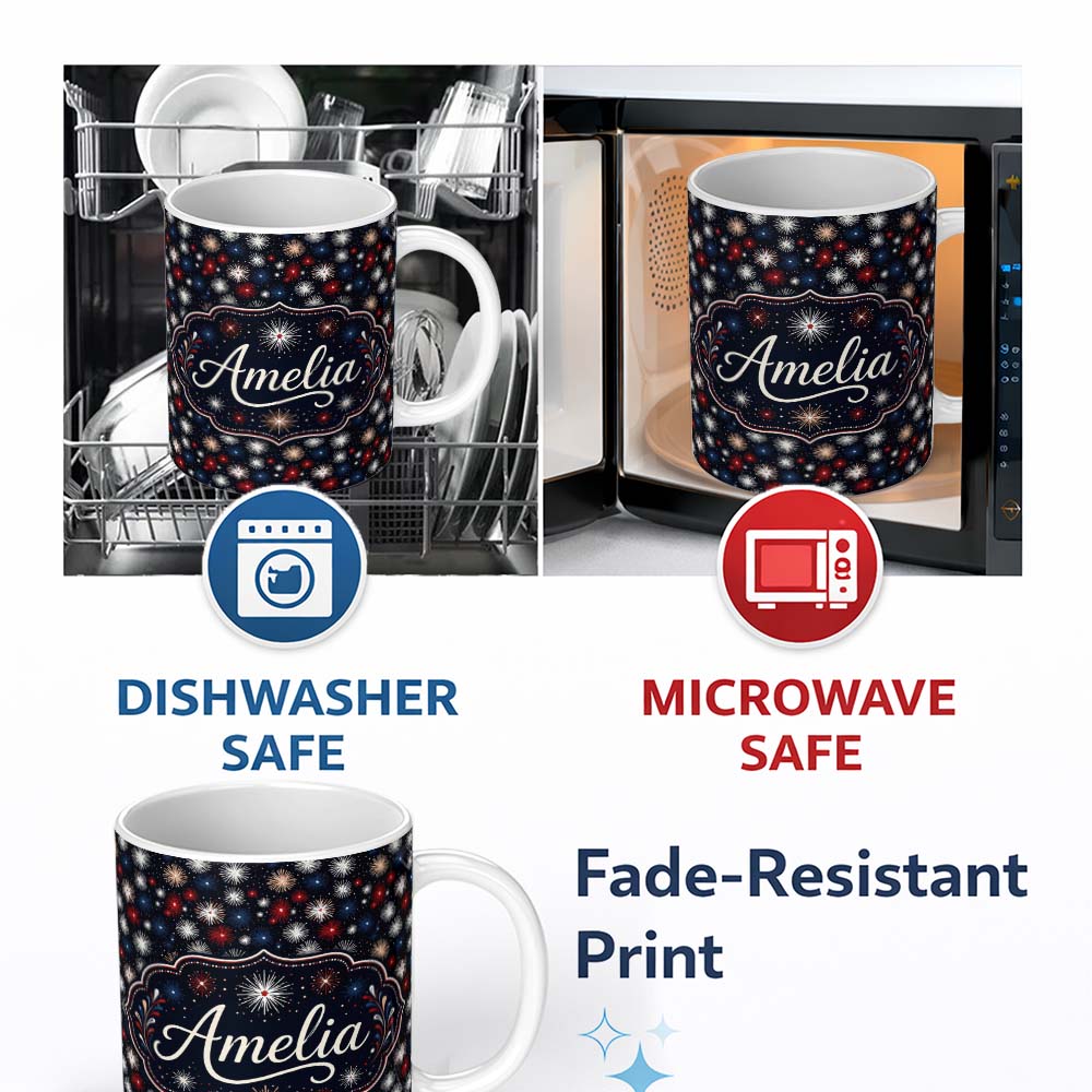 Personalized Custom Name Classic Red White Blue Fireworks Seamless Pattern Patriotic 11oz Ceramic Coffee Tea Mug White Large Handle