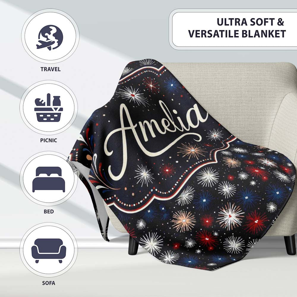 Classic Red White Blue Fireworks Seamless Pattern Patriotic  Personalised Custom Name Super Soft Fleece Blanket Bed Sofa Throw