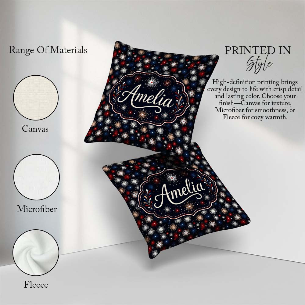 Custom Name Classic Red White Blue Fireworks Seamless Patriotic Square Filled Cushion Throw Pillow Sofa Bed Home Decor Zip Washable UK Made