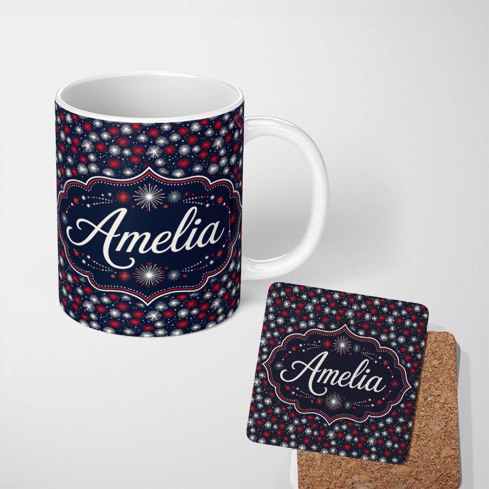Personalized Custom Name Bold Red White Fireworks Burst Seamless Pattern Night Sky 11oz Ceramic Coffee Tea Mug White Large Handle