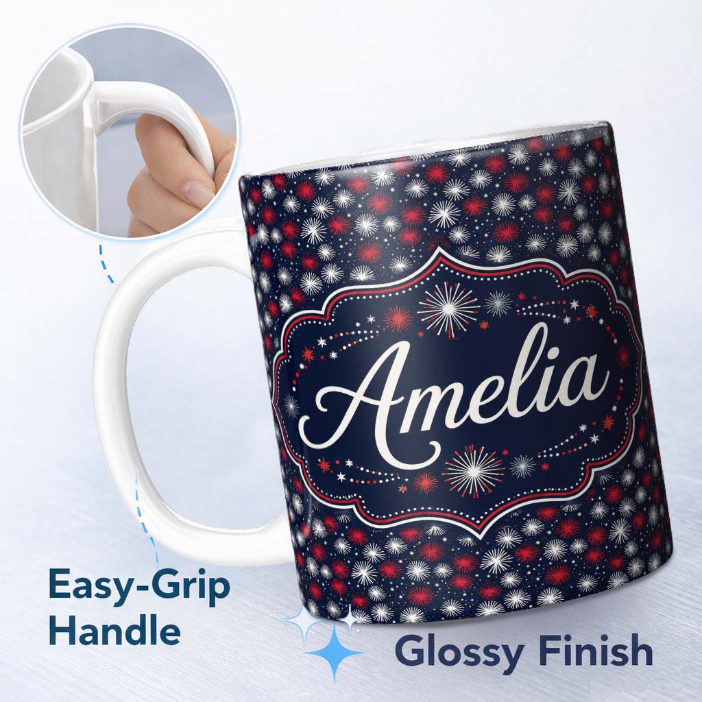 Personalized Custom Name Bold Red White Fireworks Burst Seamless Pattern Night Sky 11oz Ceramic Coffee Tea Mug White Large Handle