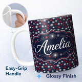 Personalized Custom Name Bold Red White Fireworks Burst Seamless Pattern Night Sky 11oz Ceramic Coffee Tea Mug White Large Handle
