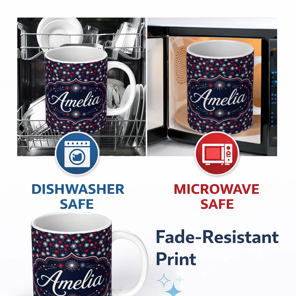 Personalized Custom Name Bold Red White Fireworks Burst Seamless Pattern Night Sky 11oz Ceramic Coffee Tea Mug White Large Handle