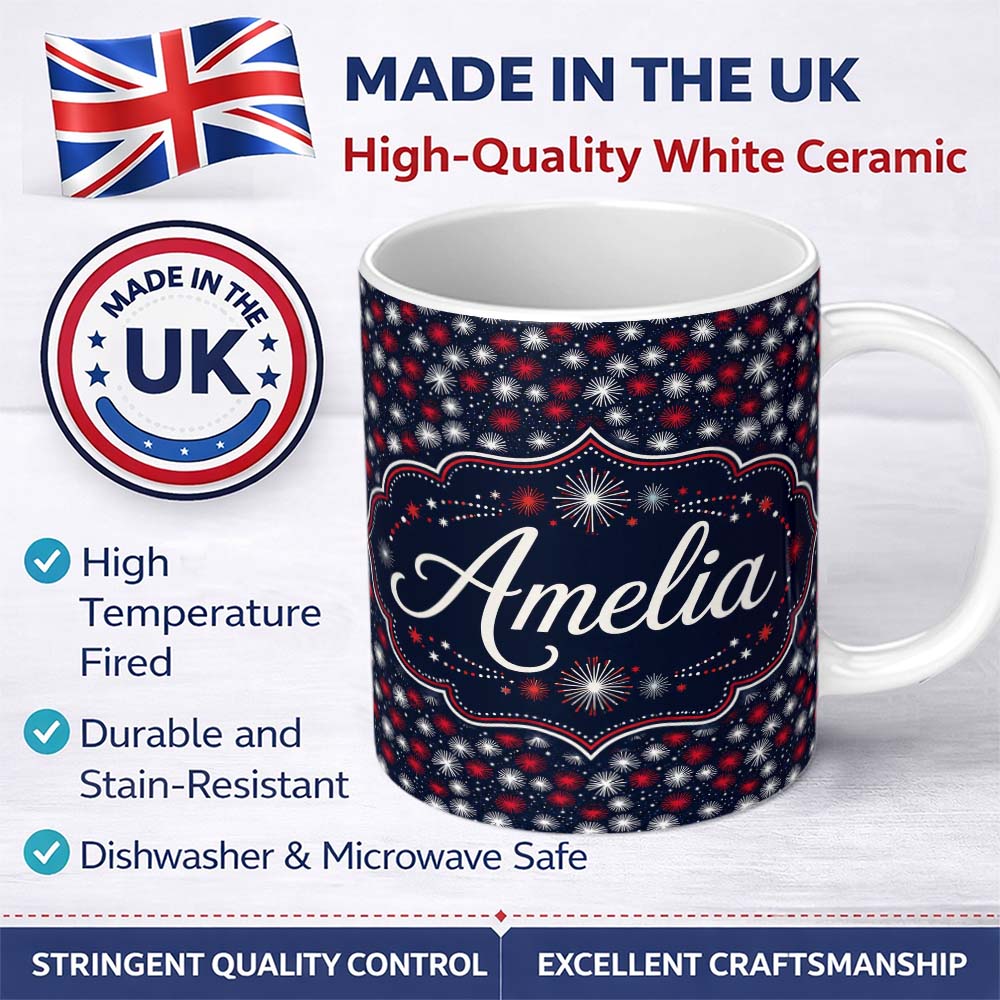 Personalized Custom Name Bold Red White Fireworks Burst Seamless Pattern Night Sky 11oz Ceramic Coffee Tea Mug White Large Handle