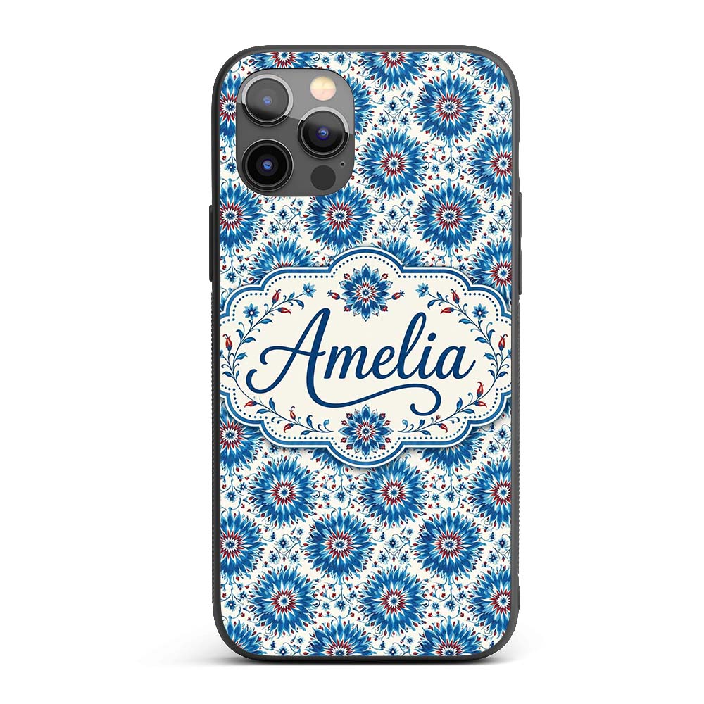 Blue Floral Starburst Mandala Seamless Pattern Custom Name Protective Phone Case Mobile Cover Durable Everyday Smartphone Shock Resistant