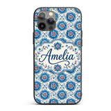 Blue Floral Starburst Mandala Seamless Pattern Custom Name Protective Phone Case Mobile Cover Durable Everyday Smartphone Shock Resistant