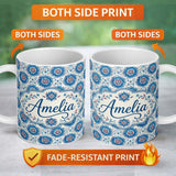 Personalized Custom Name Blue Floral Starburst Mandala Seamless Pattern Decorative Tile 11oz Ceramic Coffee Tea Mug White Large Handle