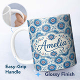 Personalized Custom Name Blue Floral Starburst Mandala Seamless Pattern Decorative Tile 11oz Ceramic Coffee Tea Mug White Large Handle