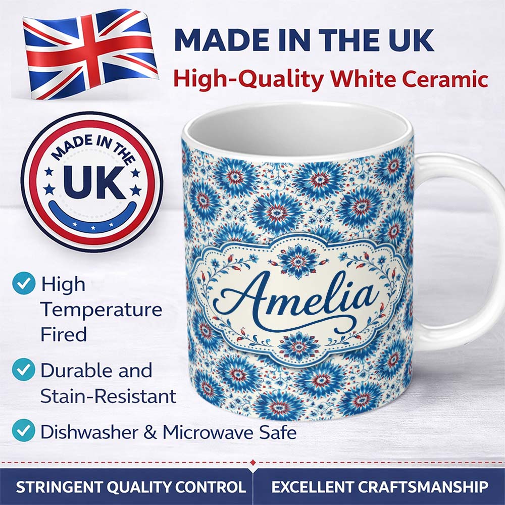 Personalized Custom Name Blue Floral Starburst Mandala Seamless Pattern Decorative Tile 11oz Ceramic Coffee Tea Mug White Large Handle
