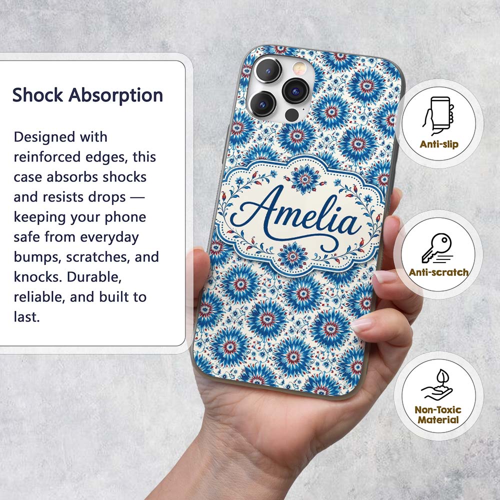 Blue Floral Starburst Mandala Seamless Pattern Custom Name Protective Phone Case Mobile Cover Durable Everyday Smartphone Shock Resistant