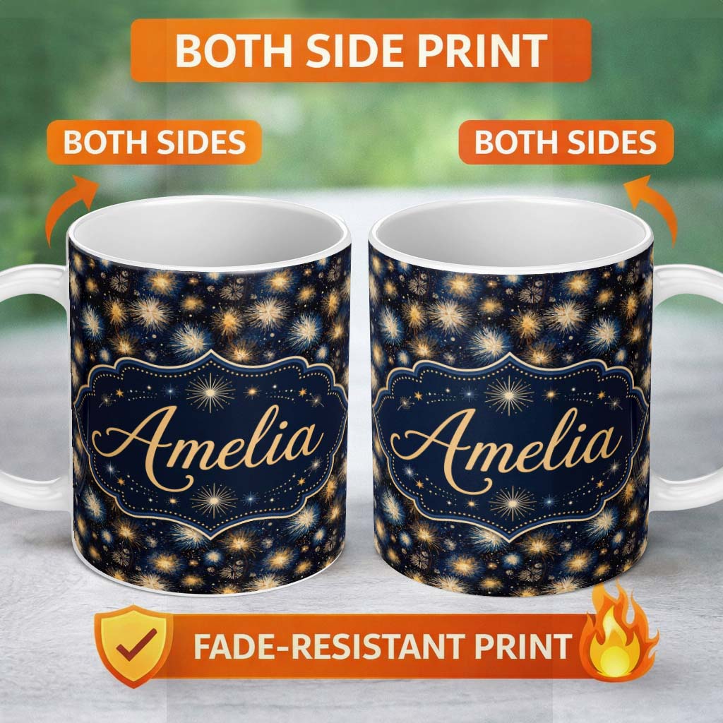 Personalized Custom Name Golden Spark Fireworks Night Sky Seamless Pattern Elegant 11oz Ceramic Coffee Tea Mug White Large Handle