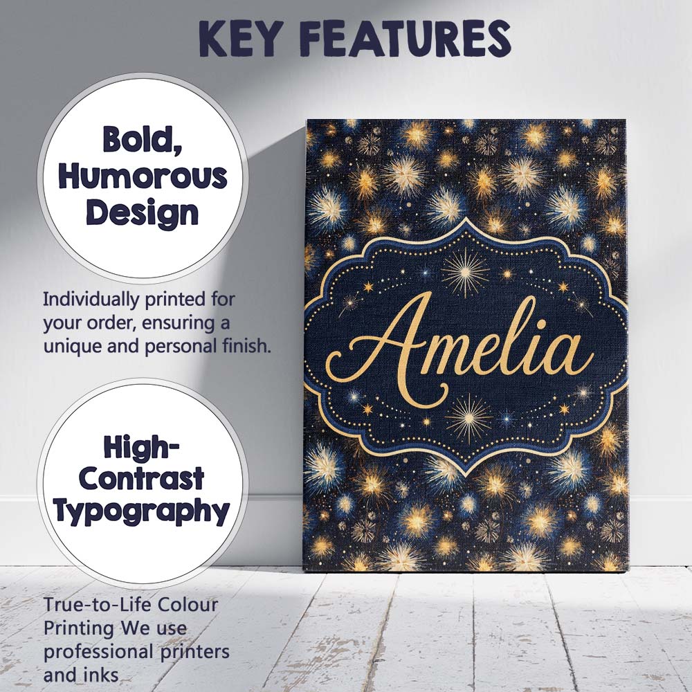 Personalised Name Golden Spark Fireworks Custom  Unique Gift Idea Elegant Feature Canvas Wall Art Print Decor Picture Ready to Hang