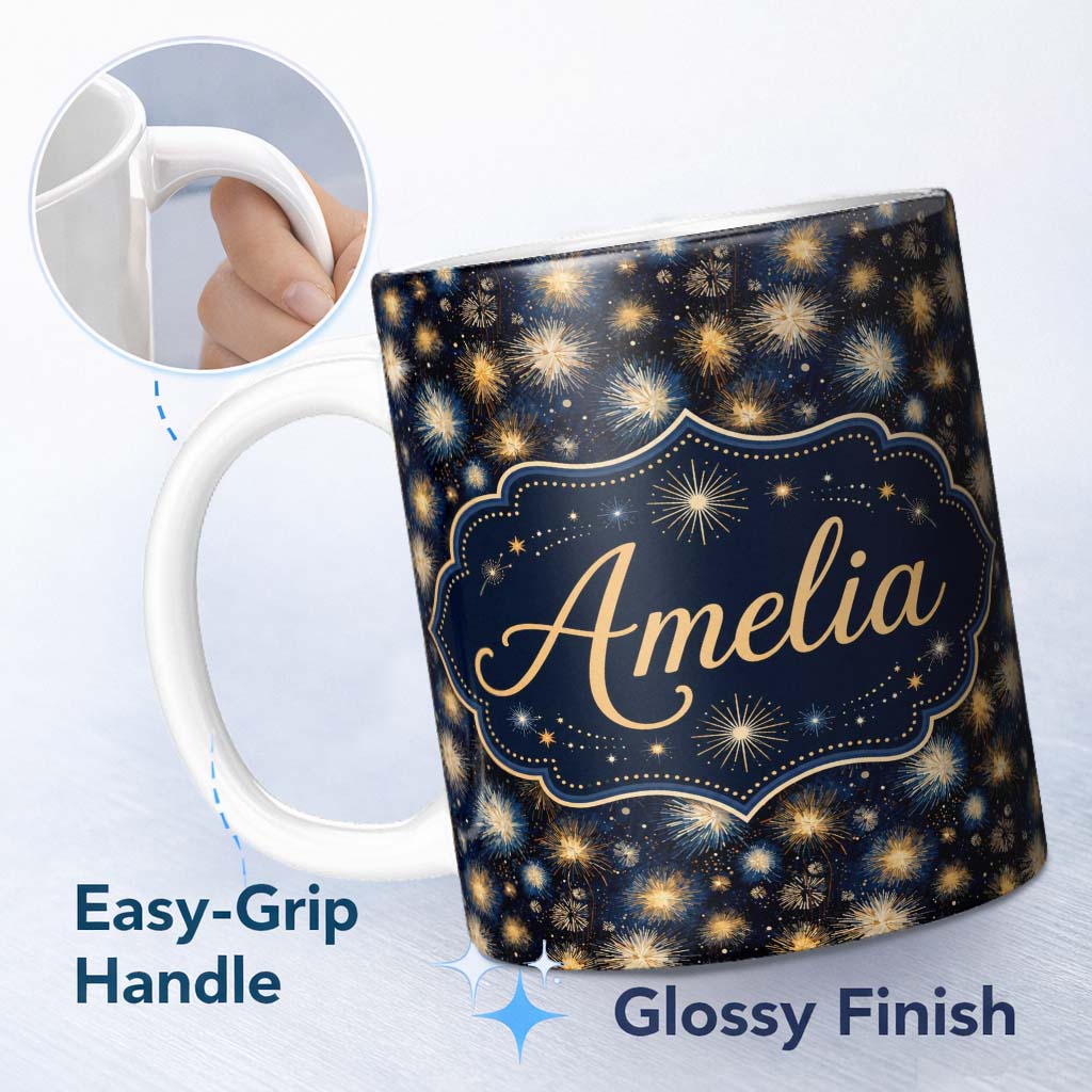 Personalized Custom Name Golden Spark Fireworks Night Sky Seamless Pattern Elegant 11oz Ceramic Coffee Tea Mug White Large Handle