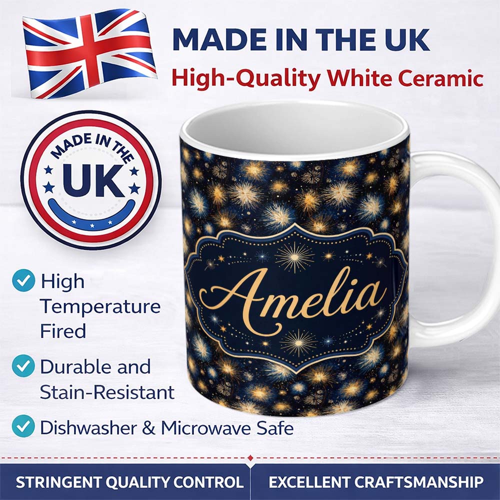 Personalized Custom Name Golden Spark Fireworks Night Sky Seamless Pattern Elegant 11oz Ceramic Coffee Tea Mug White Large Handle