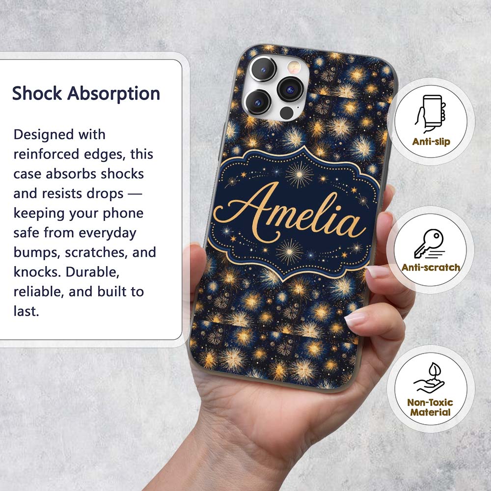 Golden Spark Fireworks Night Sky Seamless Pattern Custom Name Protective Phone Case Mobile Cover Durable Everyday Smartphone Shock Resistant