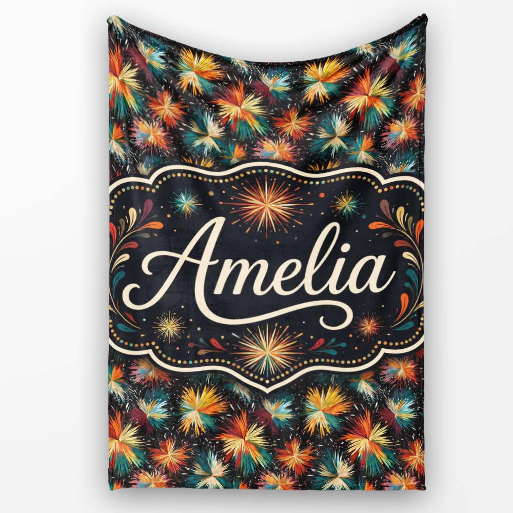 Colorful Firework Burst Abstract Seamless Pattern Festive Night Sky  Personalised Custom Name Super Soft Fleece Blanket Bed Sofa Throw