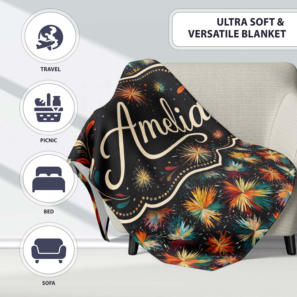 Colorful Firework Burst Abstract Seamless Pattern Festive Night Sky  Personalised Custom Name Super Soft Fleece Blanket Bed Sofa Throw