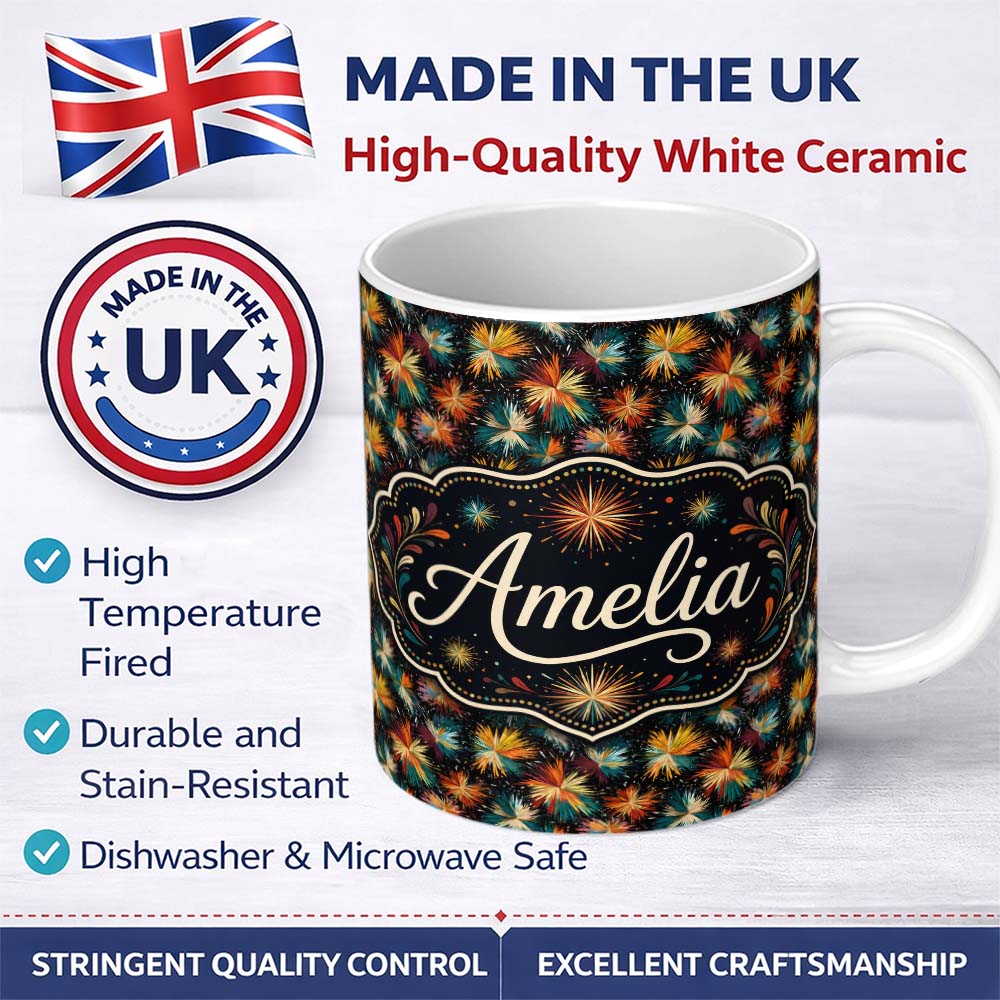 Personalized Custom Name Colorful Firework Burst Abstract Seamless Pattern Festive Night Sky 11oz Ceramic Coffee Tea Mug White Large Handle