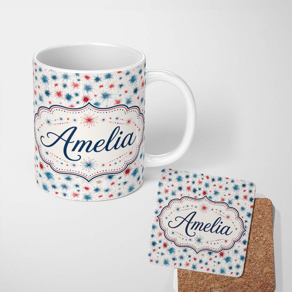 Personalized Custom Name Red Blue Starburst Firework Dots Seamless Celebration Pattern Name 11oz Ceramic Coffee Tea Mug White Large Handle