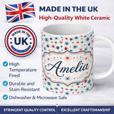 Personalized Custom Name Red Blue Starburst Firework Dots Seamless Celebration Pattern Name 11oz Ceramic Coffee Tea Mug White Large Handle